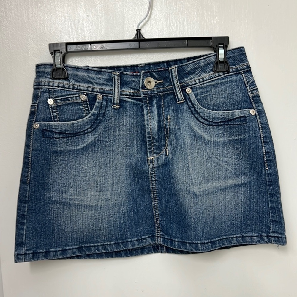 Denim mini skirt, Crown decoration on back pockets. Sz. L, Runs Small!